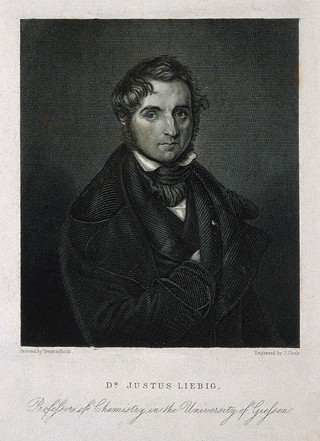 Justus von Liebig. Stipple engraving by J. Cook, 1844, after W. Trautschold, 1840.