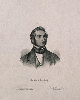 Justus von Liebig. Reproduction of line engraving after W. Trautschold, 1845.