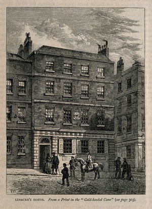 view Thomas Linacre: his house in London. Wood engraving by W. H. P.