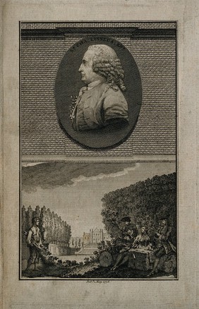 Carolus Linnaeus: (above) profile portrait; (below) studying a plant in the botanic garden of Uppsala University. Line engraving, 1778.