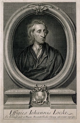 John Locke. Line engraving by G. Vertue, 1713, after Sir G. Kneller, 1697.