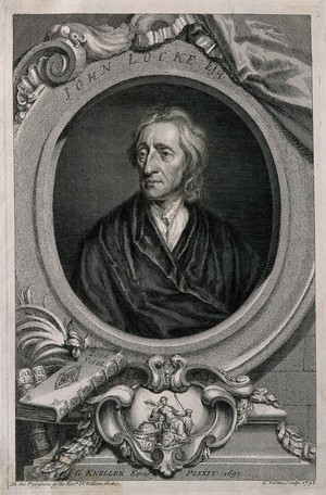 view John Locke. Line engraving by G. Vertue, 1738, after Sir G. Kneller, 1697.