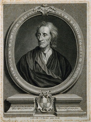 view John Locke. Line engraving by P. Tanjé, 1754, after Sir G. Kneller, 1697.