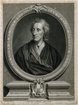 John Locke. Line engraving by P. Tanjé, 1754, after Sir G. Kneller, 1697.