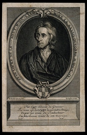 John Locke. Line engraving by C. Duflos after Sir G. Kneller, 1697.