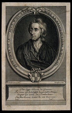 view John Locke. Line engraving by C. Duflos after Sir G. Kneller, 1697.