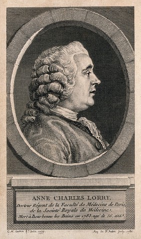 Anne Charles Lorry. Line engraving by A. de St Aubin, 1784, after C. N. Cochin, le jeune, 1777.