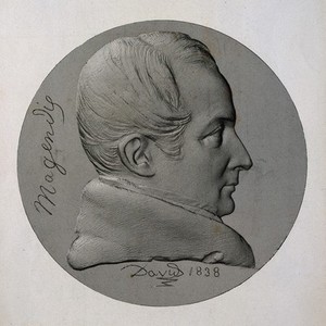 view François Magendie. Line engraving after P. J. David d'Angers, 1838.