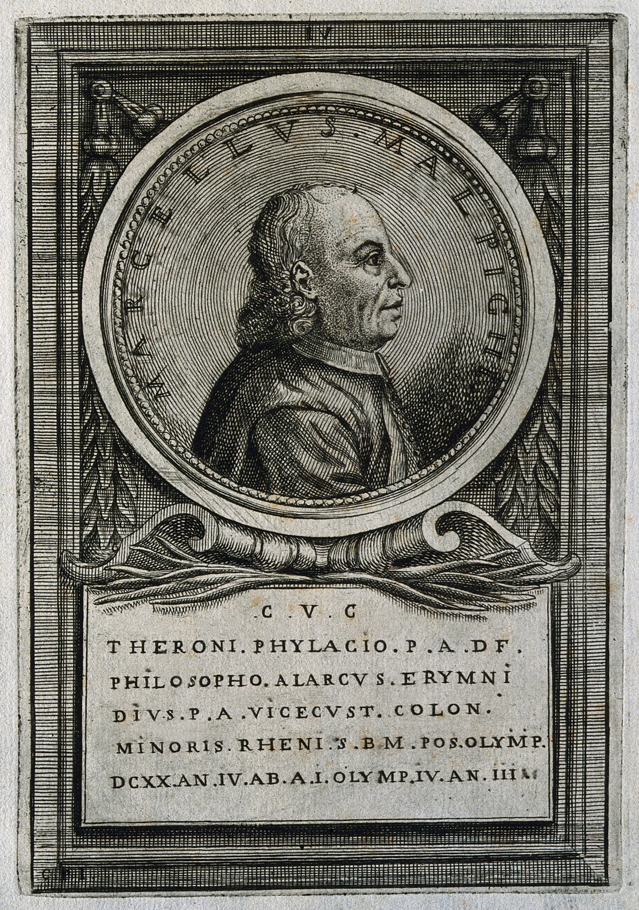 Marcello Malpighi. Line engraving by C.P., ca. 1708., Olymp. DCXX an. IV. ab A.I. Olymp. IV. an. III, by Giovanni Mario Crescimbeni