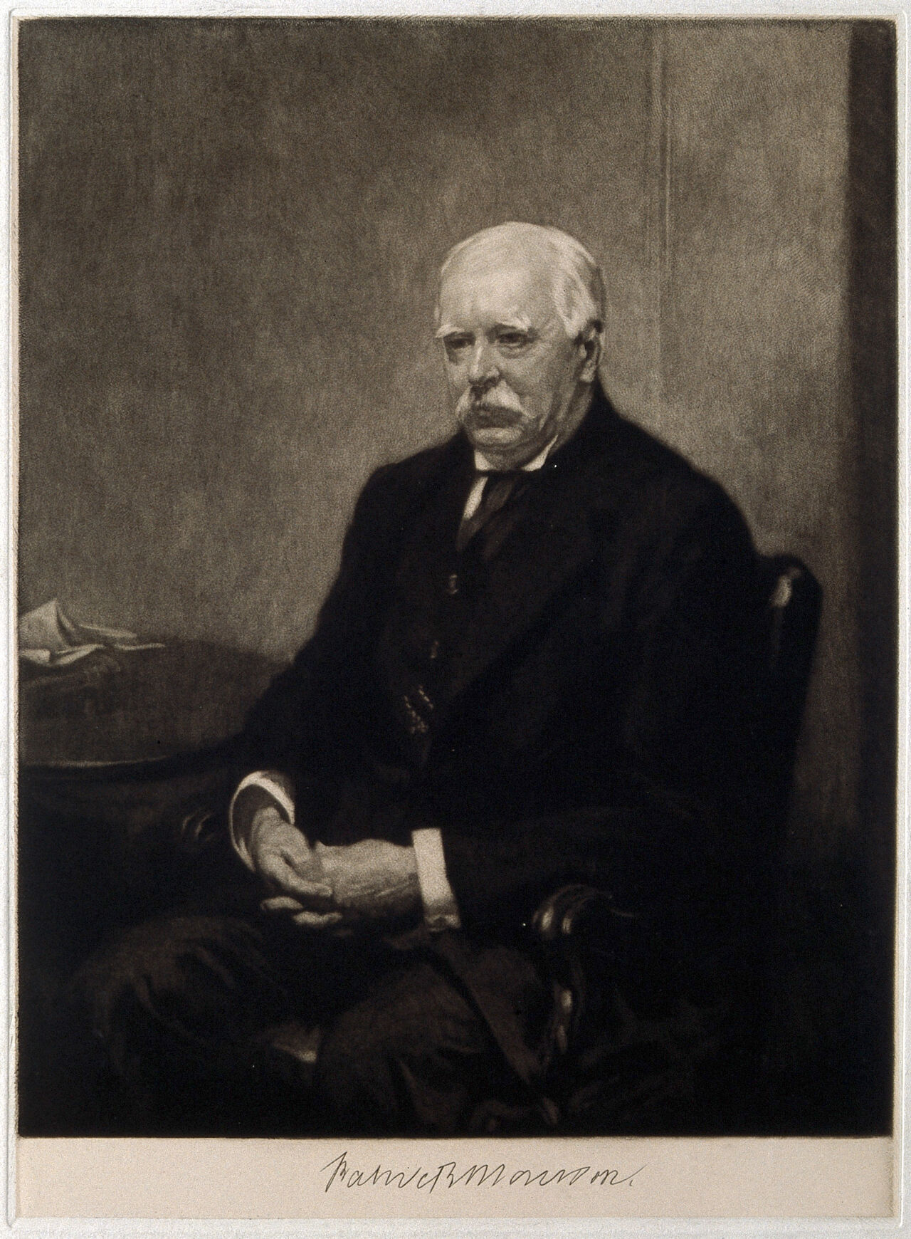 Sir Patrick Manson. Mezzotint by M. Osborne., by Malcolm Osborne