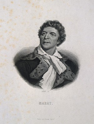 view Jean Paul Marat. Line engraving by P. Pelée after J. Boze, 1793.