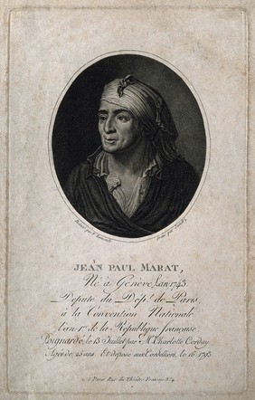 Jean Paul Marat. Stipple engraving by A. Sandoz after F. Bonneville after C.L. Desrais.