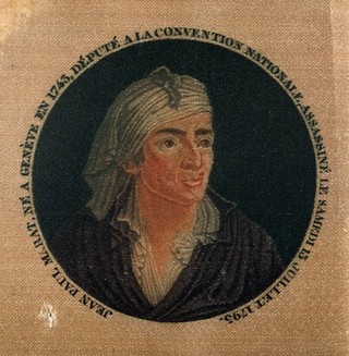 Jean Paul Marat. Colour stipple engraving (?) on silk after F. Bonneville.