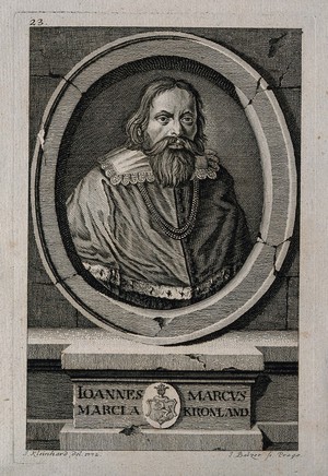 view Joannes Marcus Marci. Line engraving by J. Balzer after J. Kleinhard, 1772.