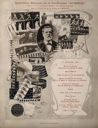Étienne Jules Marey. Collotype [?] collage by Poyet and menu, 1901.
