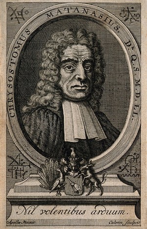 view Chrysostomus Matanasius (Thémiseul de Saint-Hyacinthe). Line engraving by "Calotin" after "Apelles".