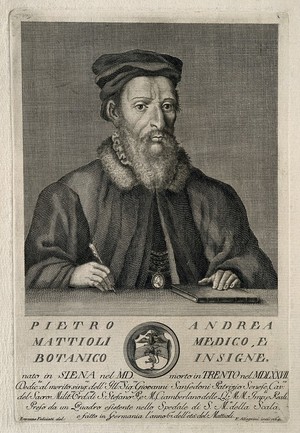 view Pietro Andrea Mattioli. Line engraving by F. Allegrini, 1764, after L. Feliciati.