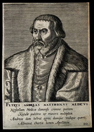Pietro Andrea Mattioli. Line engraving by P. Galle, 1572, after C. de Papi dell'Altissimo.