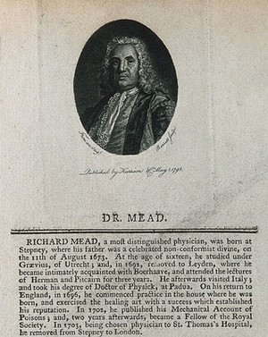 view Richard Mead. Line engraving by Barrett, 1795, after A. Ramsay.