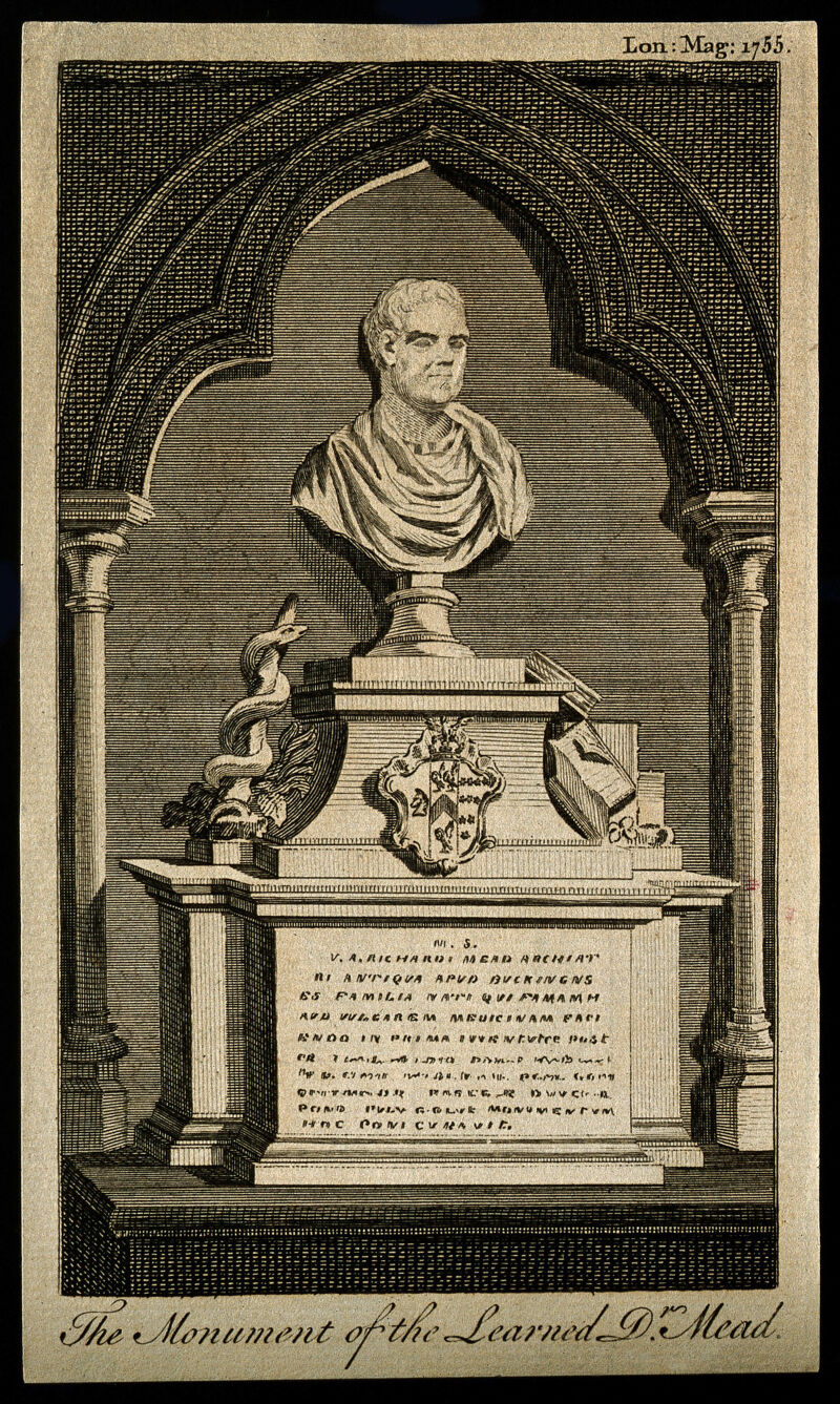 Richard Mead. Line engraving, 1755, after L. F. Roubiliac., by Louis-François Roubiliac