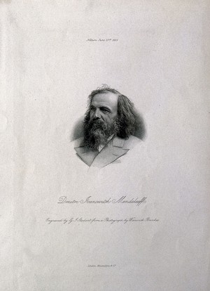 view Dimitri Ivanovich Mendeleev. Stipple engraving by G. J. Stodart after W. Brookes.