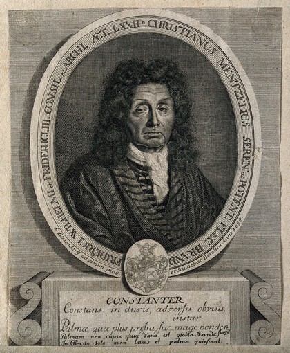 Christian Mentzel. Line engraving by S. Blesendorff, 1694, after himself.