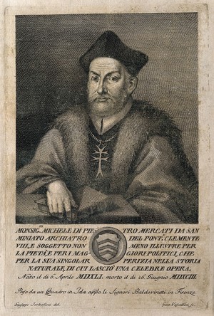 view Michele Mercati. Line engraving by G. Vascellini after G. Sorbolini.