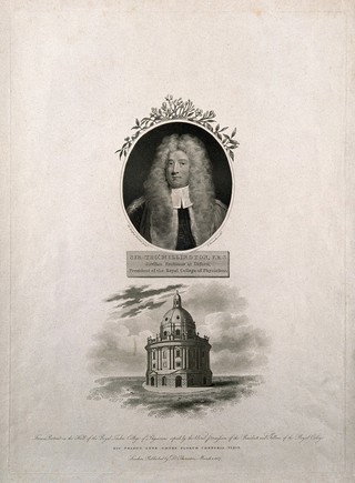 Sir Thomas Millington (above); the Sheldonian theatre (below). Stipple engraving by T. Woolnoth, 1807, after Sir G. Kneller.