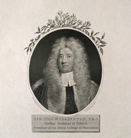 Sir Thomas Millington (above); the Sheldonian theatre (below). Stipple engraving by T. Woolnoth, 1807, after Sir G. Kneller.