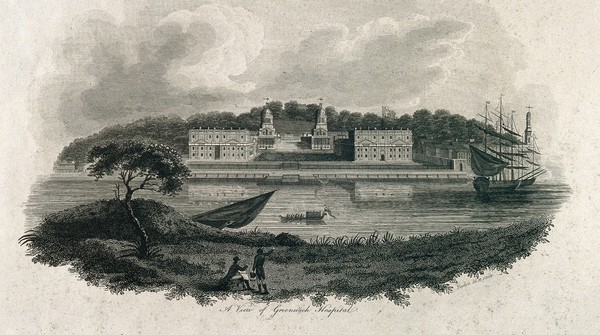 Colin Milne, with a view of Greenwich Hospital. Stipple engraving by Holl, 1804, after J. Russell, and by Newton.
