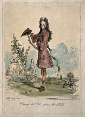 view John Misaubin. Coloured soft-ground etching by A. Pond, 1739, after A. Watteau.