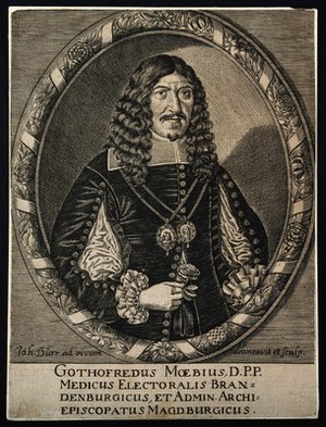 view Gottfried Moebius. Line engraving by J. Dürr after himself.