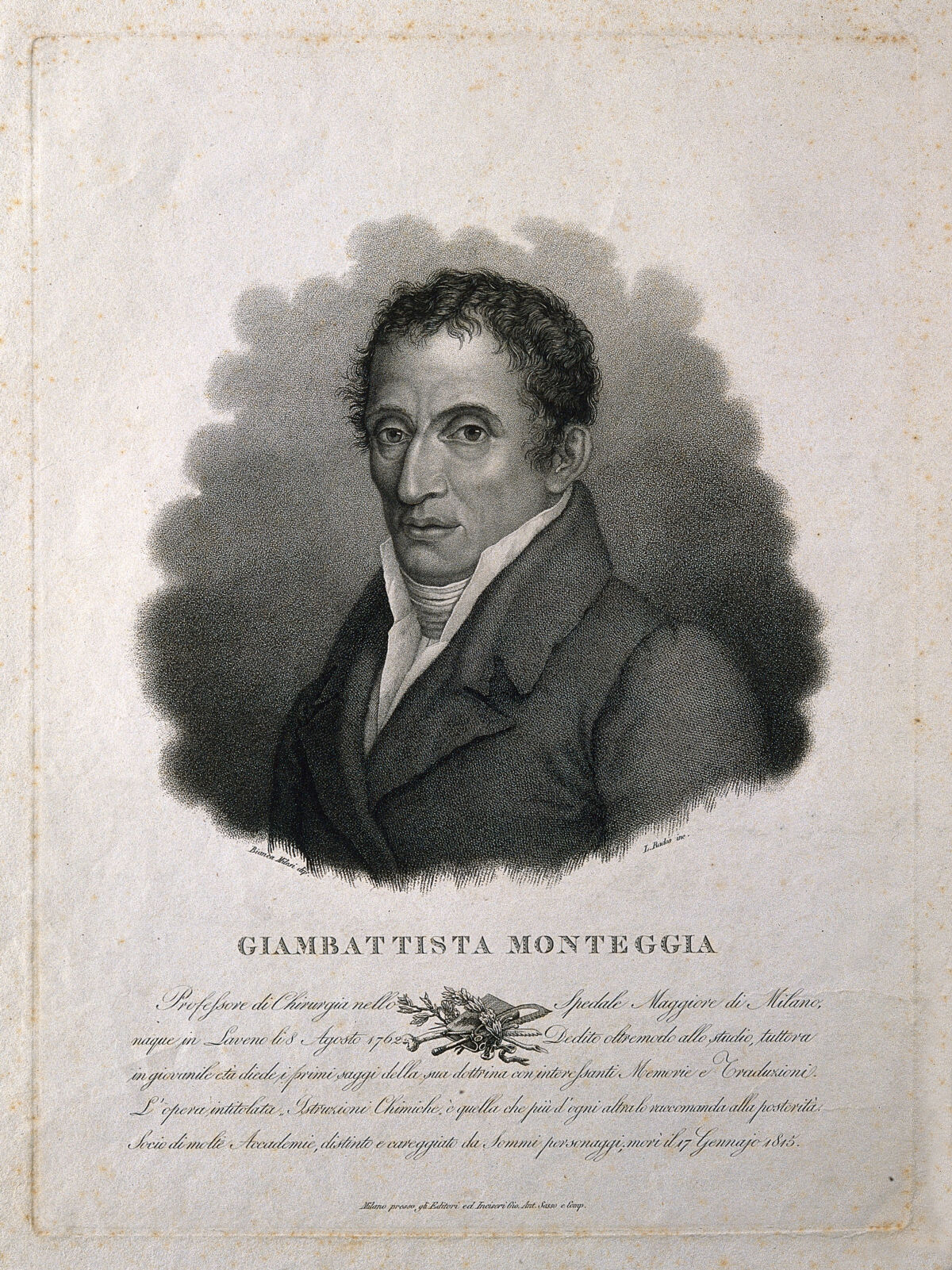 Giovanni Battista Monteggia. Stipple engraving by L. Rados after B. Milesi., by Bianca Milesi