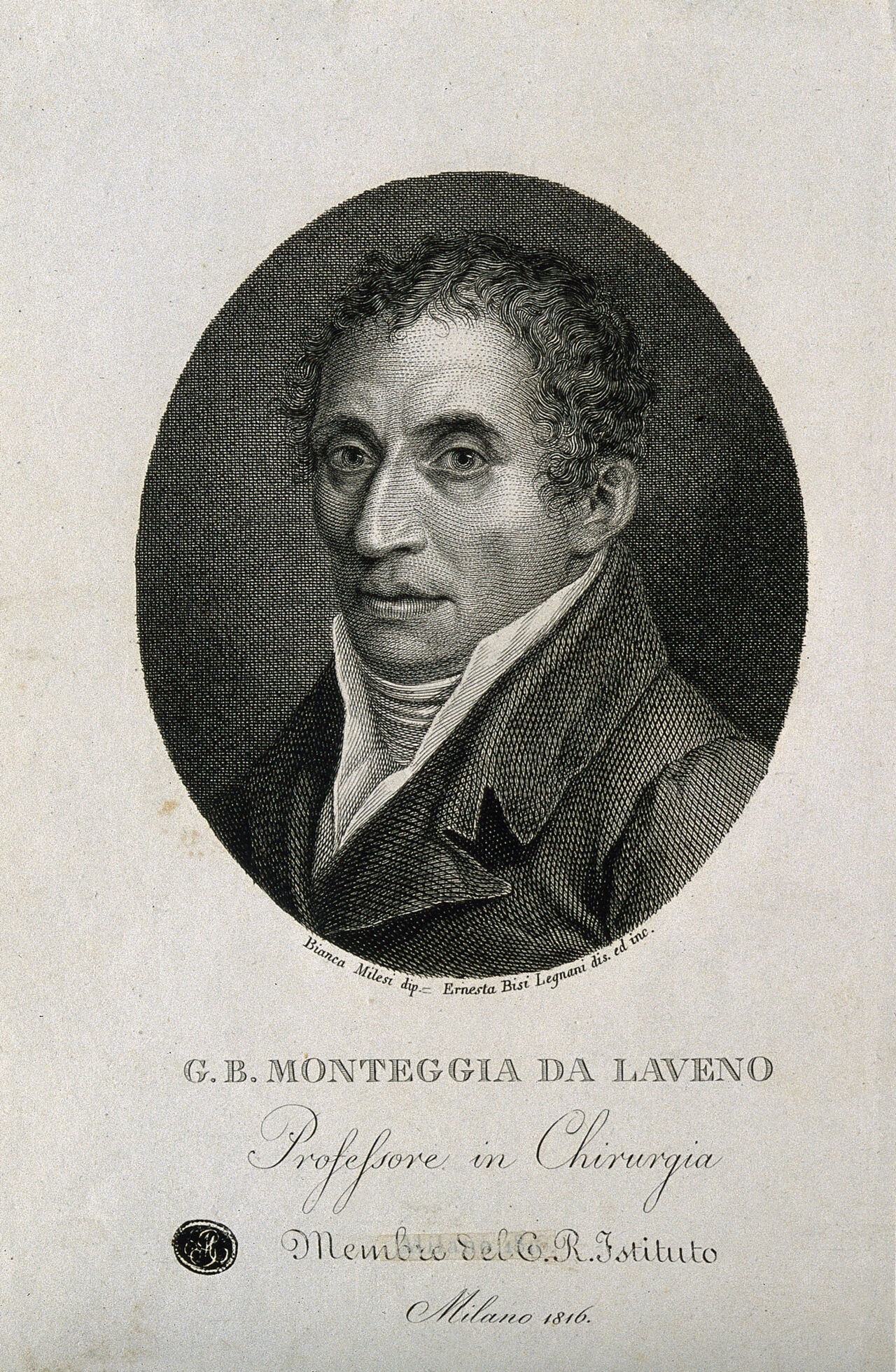 Giovanni Battista Monteggia. Stipple engraving by E. Bisi, 1816, after B. Milesi., by Bianca Milesi