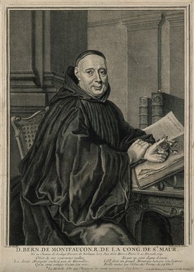 Bernard de Montfaucon. Line engraving by B. Audran, 1744, after C. E. Geuslin.