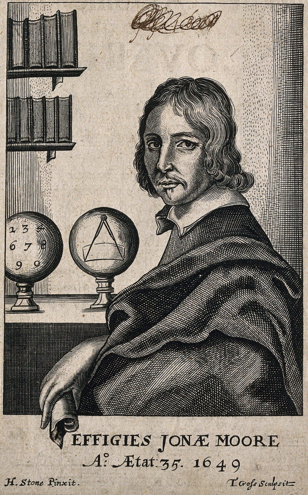 Sir Jonas Moore. Line engraving by T. Cross, 1650, after H. Stone., 1650, by Henry Stone