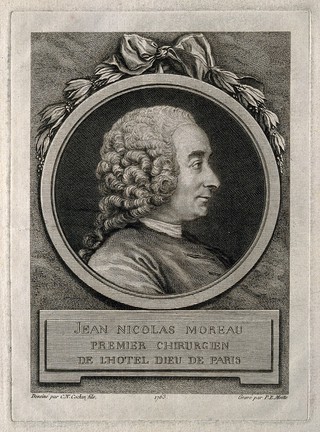 Jean Nicolas Moreau. Line engraving by P.E. Moitte, 1763, after C.N. Cochin, fils.