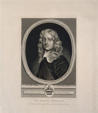 Sir Samuel Moreland. Line engraving by B. Reading, 1821, after P. Lombart after Sir P. Lely.