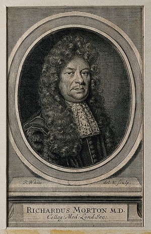 view Richard Morton. Line engraving by R. White, 1694, after himself.