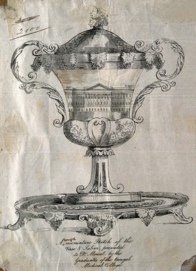 Frederick John Mouat: sketch for a vase and salver presented to him as Professor of Medicine, Bengal Medical College, 1854. Lithograph with wash design pasted over.