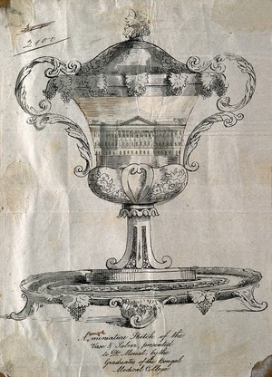 view Frederick John Mouat: sketch for a vase and salver presented to him as Professor of Medicine, Bengal Medical College, 1854. Lithograph with wash design pasted over.