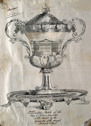 Frederick John Mouat: sketch for a vase and salver presented to him as Professor of Medicine, Bengal Medical College, 1854. Lithograph with wash design pasted over.
