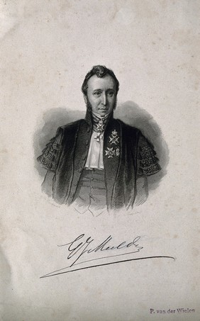 Gerardus Johann Mulder. Line engraving by D. J. Sluyter, 1854, after B. de Porter.