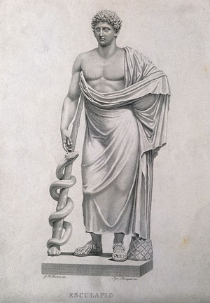 view Antonius Musa as Aesculapius (?). Line engraving by I. Bonaiuti after G.B. Borani.