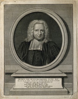 view Pieter van Musschenbroek. Line engraving by Hubert after J. M. Quinkhard, 1738.