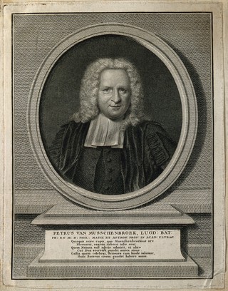 Pieter van Musschenbroek. Line engraving by Hubert after J. M. Quinkhard, 1738.