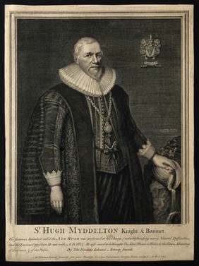 Sir Hugh Myddelton, his hand resting on a shell, from which flows water, set on a rock. Line engraving by G. Vertue, 1722, after C. Johnson, 1632.