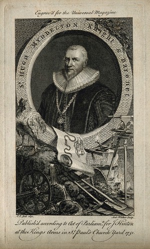 view Sir Hugh Myddelton, in an oval surround underneath which are surveying and mining tools, with a plan of the course of the New River. Line engraving by A. Walker, 1751, after C. Johnson, 1632.