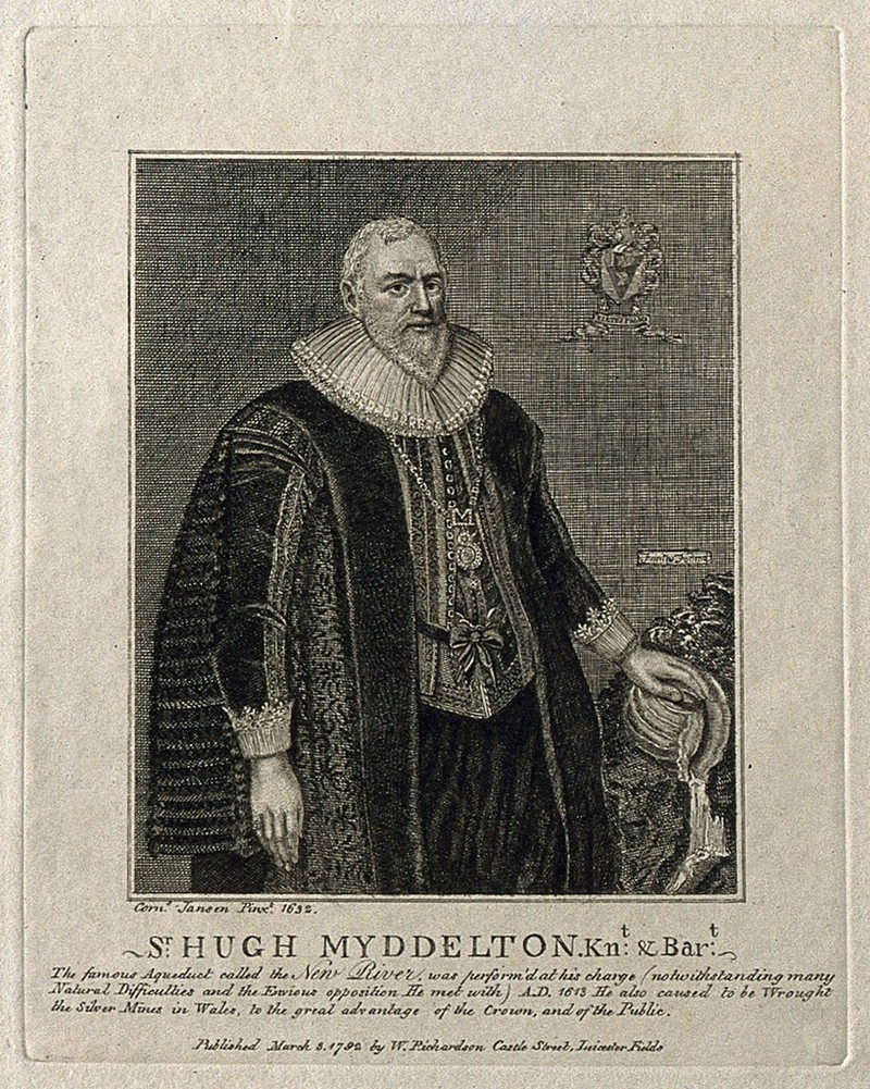 Sir Hugh Myddelton. Line engraving, 1792, after C. Johnson, 1632., 3 March 1792, by Cornelis Janssens van Ceulen