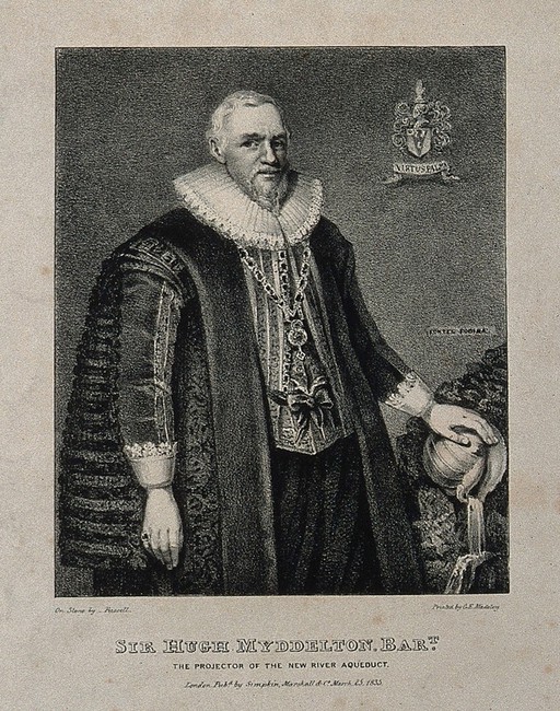 Sir Hugh Myddelton. Lithograph by Füssell, 1835, after C. Johnson, 1632.